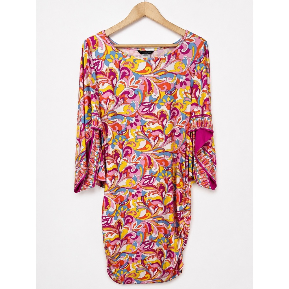 Carmen Marc Valvo Swimwear Dress Large Pink Retro Swirl Ruched Split Sleeve